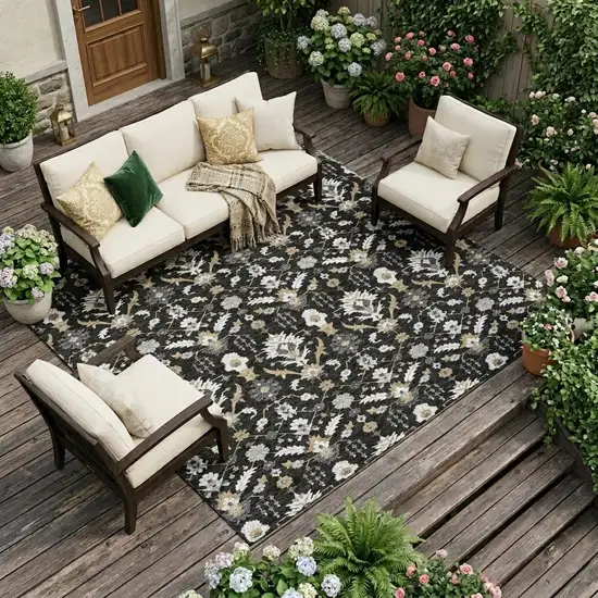 Black And Graphite Oriental Washable Indoor Outdoor Area Rug Photo 1