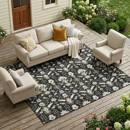 Black And Graphite Oriental Washable Indoor Outdoor Area Rug Photo 1