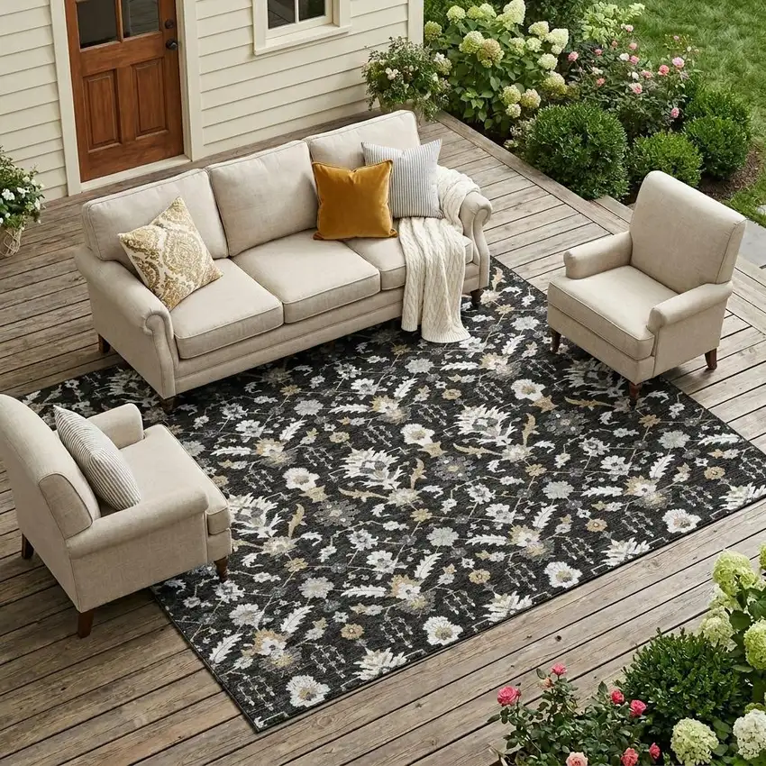 Black And Graphite Oriental Washable Indoor Outdoor Area Rug Photo 1