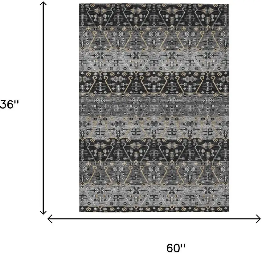 Black And Graphite Oriental Washable Indoor Outdoor Area Rug Photo 5