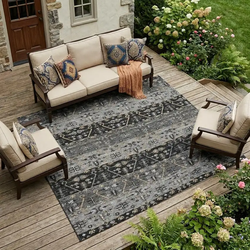 Black And Graphite Oriental Washable Indoor Outdoor Area Rug Photo 1