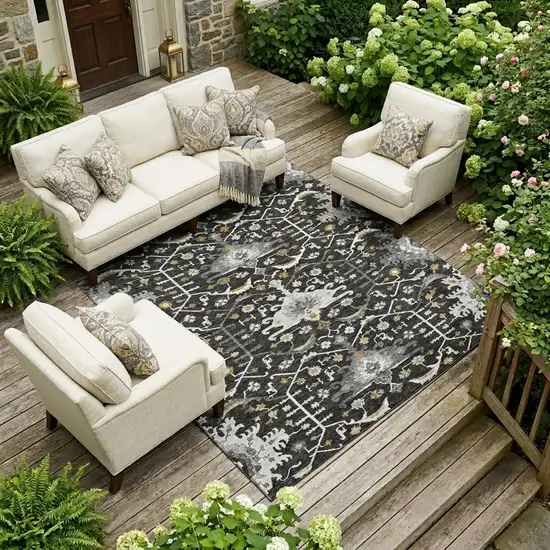 Black And Graphite Oriental Washable Indoor Outdoor Area Rug Photo 1