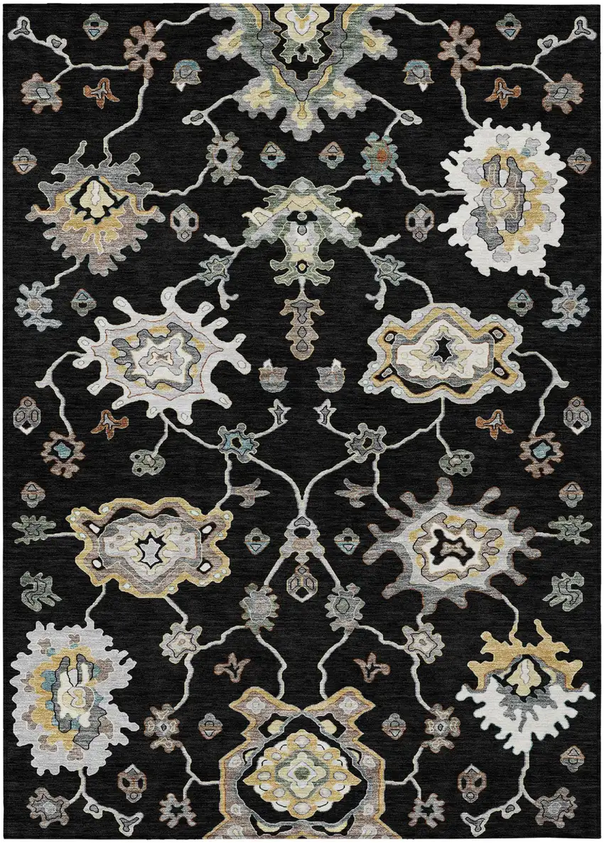 Black And Graphite Oriental Washable Indoor Outdoor Area Rug Photo 1
