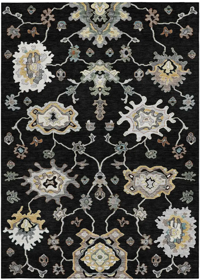 Black And Graphite Oriental Washable Indoor Outdoor Area Rug Photo 3