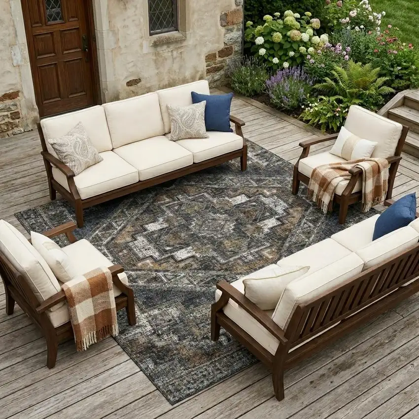 Black And Graphite Southwestern Washable Indoor Outdoor Area Rug Photo 1