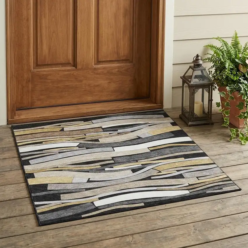 Black And Graphite Striped Washable Indoor Outdoor Area Rug Photo 1
