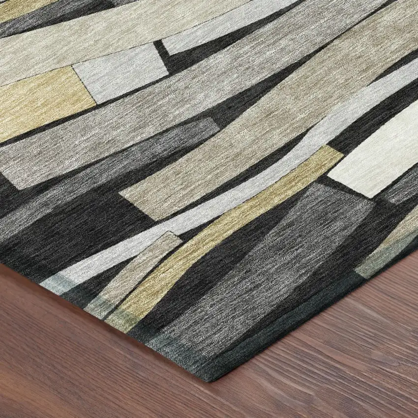 Black And Graphite Striped Washable Indoor Outdoor Area Rug Photo 3