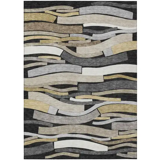 Black And Graphite Striped Washable Indoor Outdoor Area Rug Photo 2