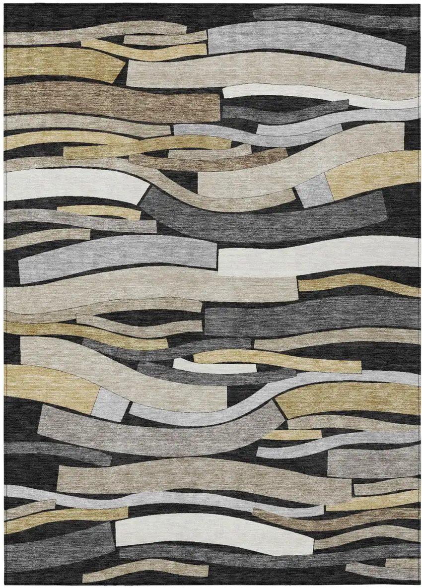 Black And Graphite Striped Washable Indoor Outdoor Area Rug Photo 2