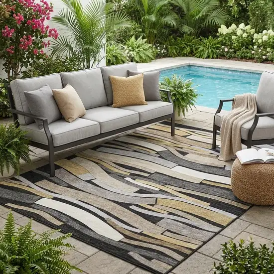Black And Graphite Striped Washable Indoor Outdoor Area Rug Photo 1