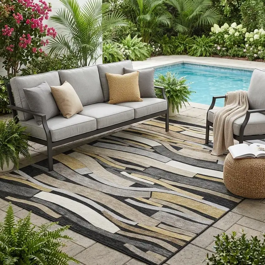 Black And Graphite Striped Washable Indoor Outdoor Area Rug Photo 1