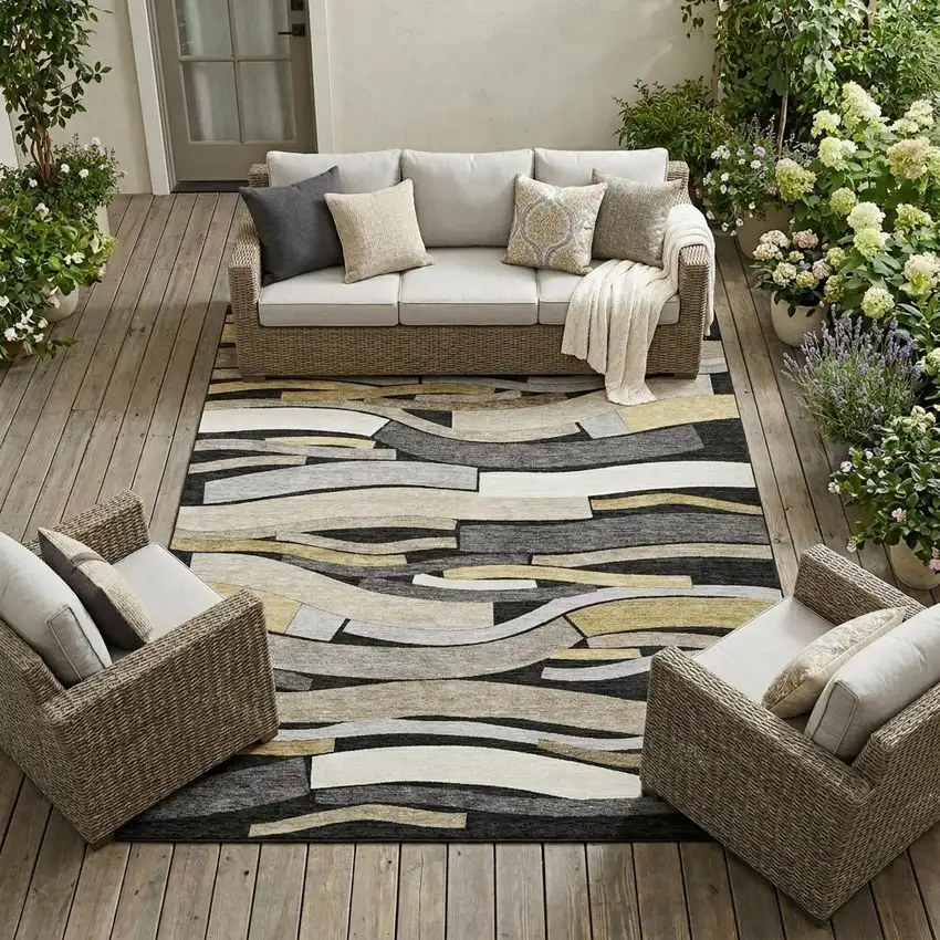 Black And Graphite Striped Washable Indoor Outdoor Area Rug Photo 1