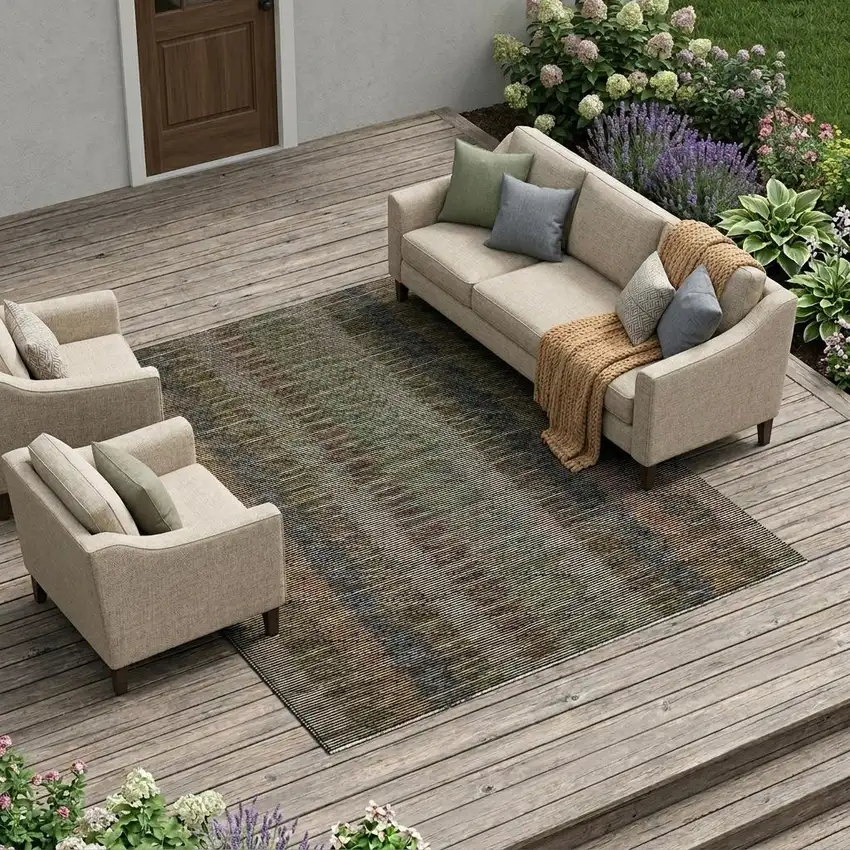 Black And Graphite Striped Washable Indoor Outdoor Area Rug Photo 1