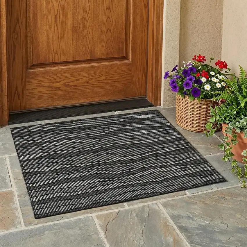 Black And Graphite Striped Washable Indoor Outdoor Area Rug Photo 1