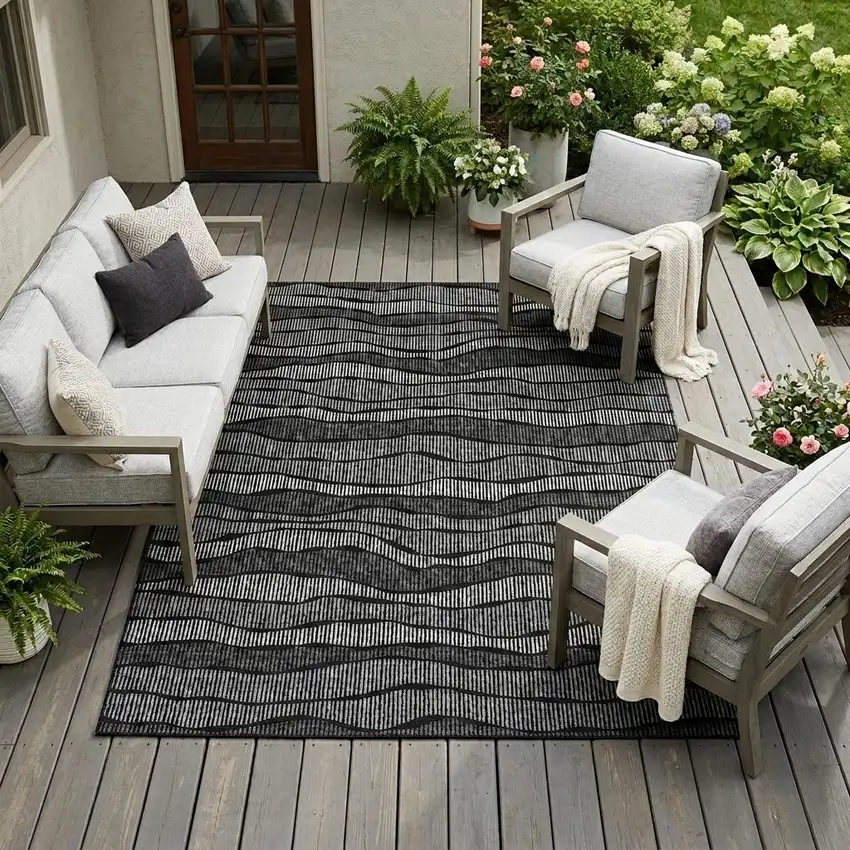 Black And Graphite Striped Washable Indoor Outdoor Area Rug Photo 1