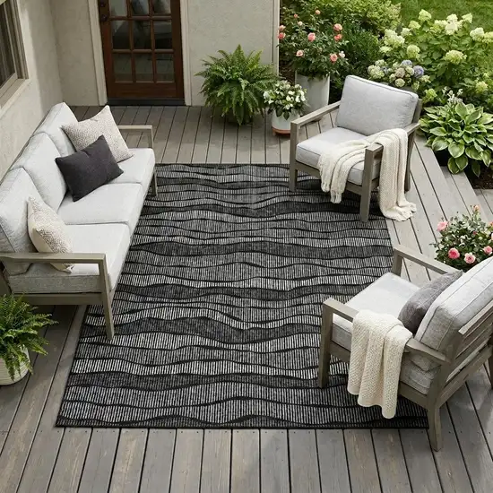 Black And Graphite Striped Washable Indoor Outdoor Area Rug Photo 1