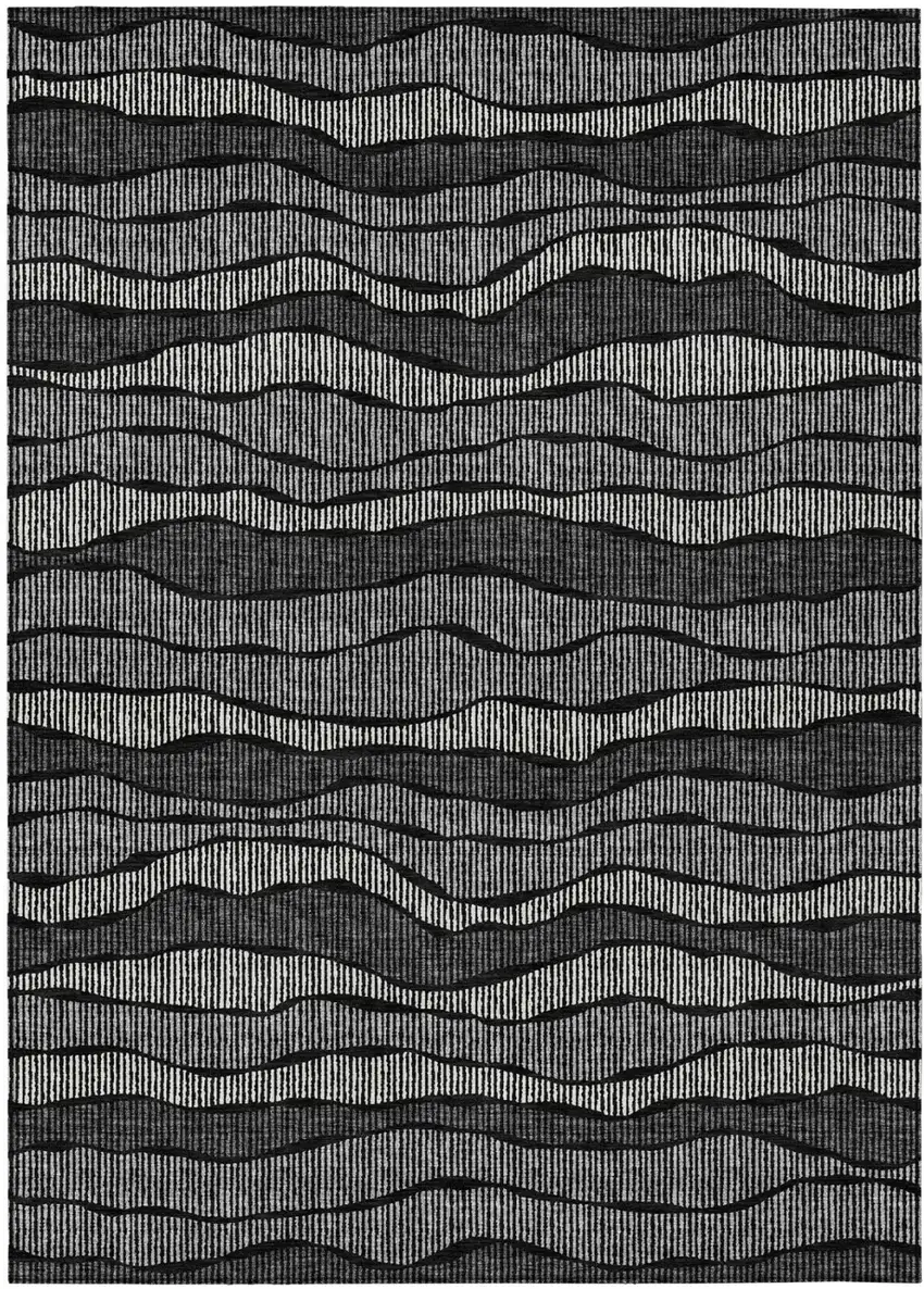 Black And Graphite Striped Washable Indoor Outdoor Area Rug Photo 2