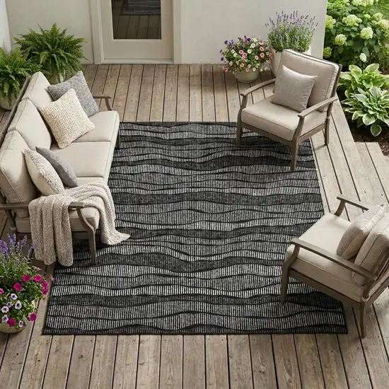 Black And Graphite Striped Washable Indoor Outdoor Area Rug Photo 1