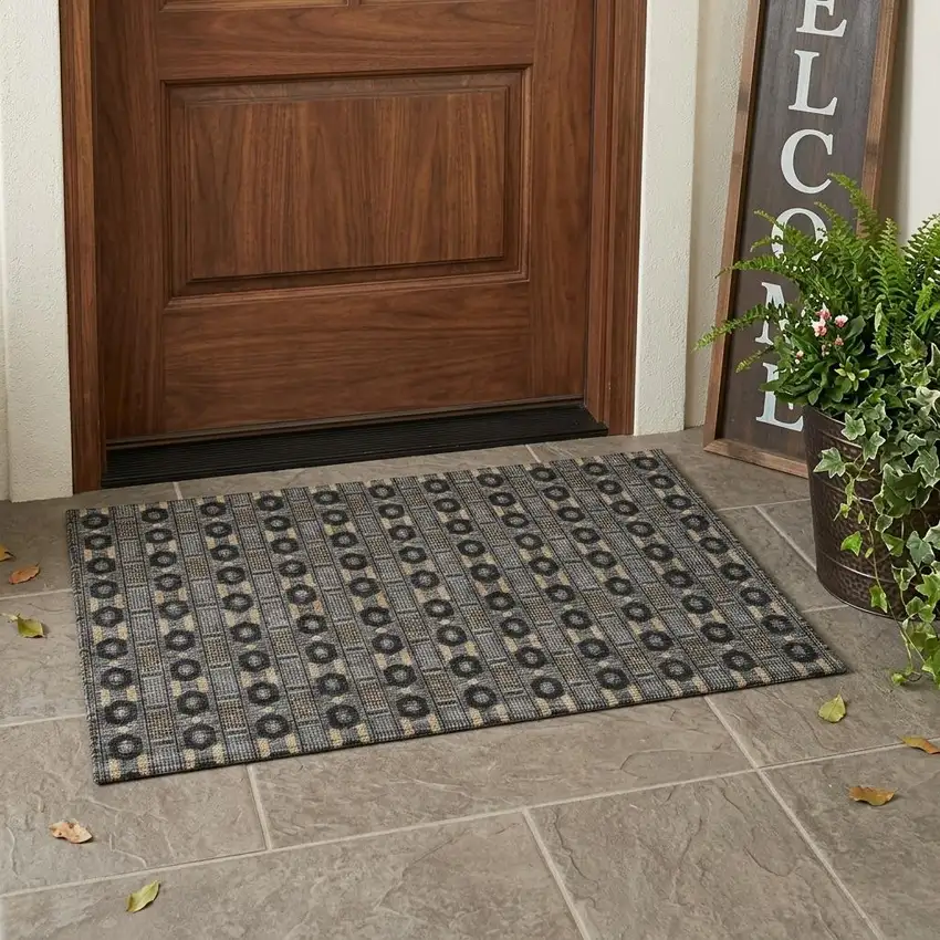 Black And Graphite Striped Washable Indoor Outdoor Area Rug Photo 1