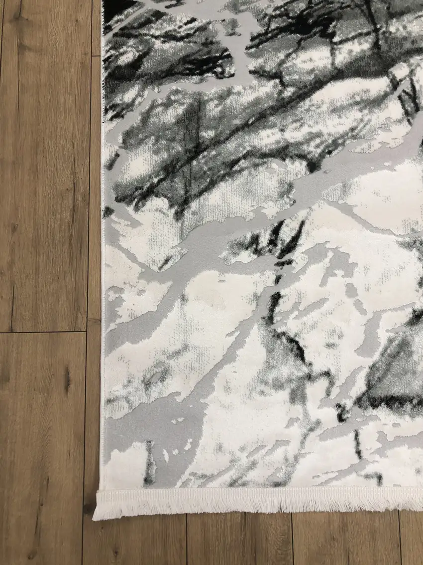 Black And Gray Abstract Area Rug With Fringe Photo 2