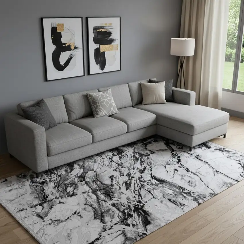 Black And Gray Abstract Area Rug With Fringe Photo 1
