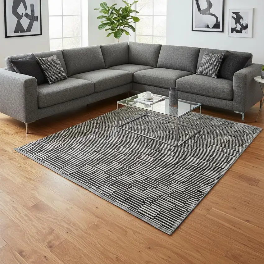Black And Gray Abstract Geometric Washable Area Rug With UV Protection Photo 2