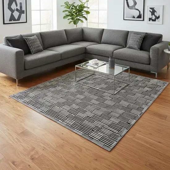 Black And Gray Abstract Geometric Washable Area Rug With UV Protection Photo 2