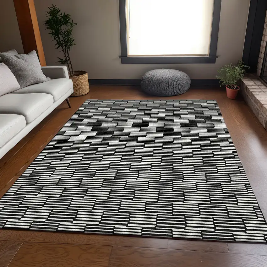 Black And Gray Abstract Geometric Washable Area Rug With UV Protection Photo 6
