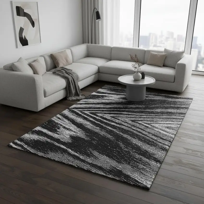 Black And Gray Abstract Washable Area Rug With UV Protection Photo 2