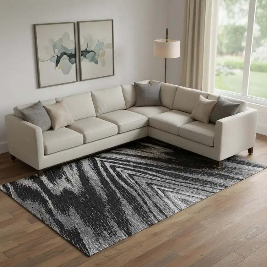 Black And Gray Abstract Washable Area Rug With UV Protection Photo 1