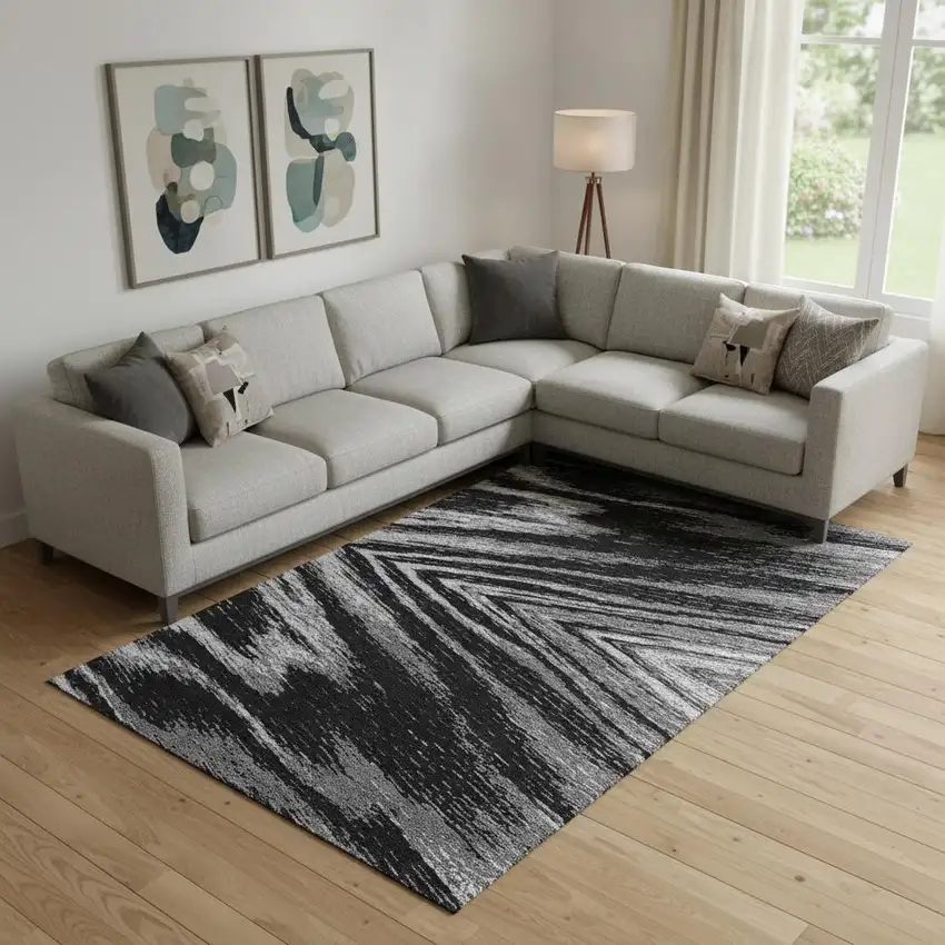 Black And Gray Abstract Washable Area Rug With UV Protection Photo 1