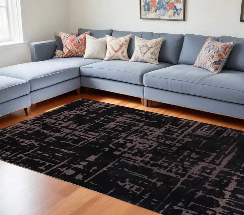 Black And Gray Abstract Washable Area Rug Photo 1