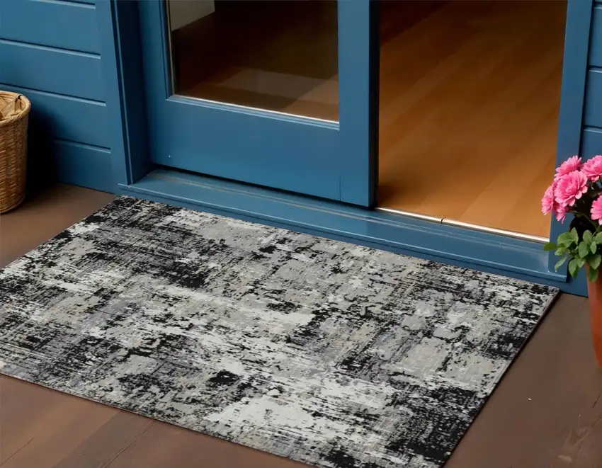 Black And Gray Abstract Washable Indoor Outdoor Area Rug Photo 1