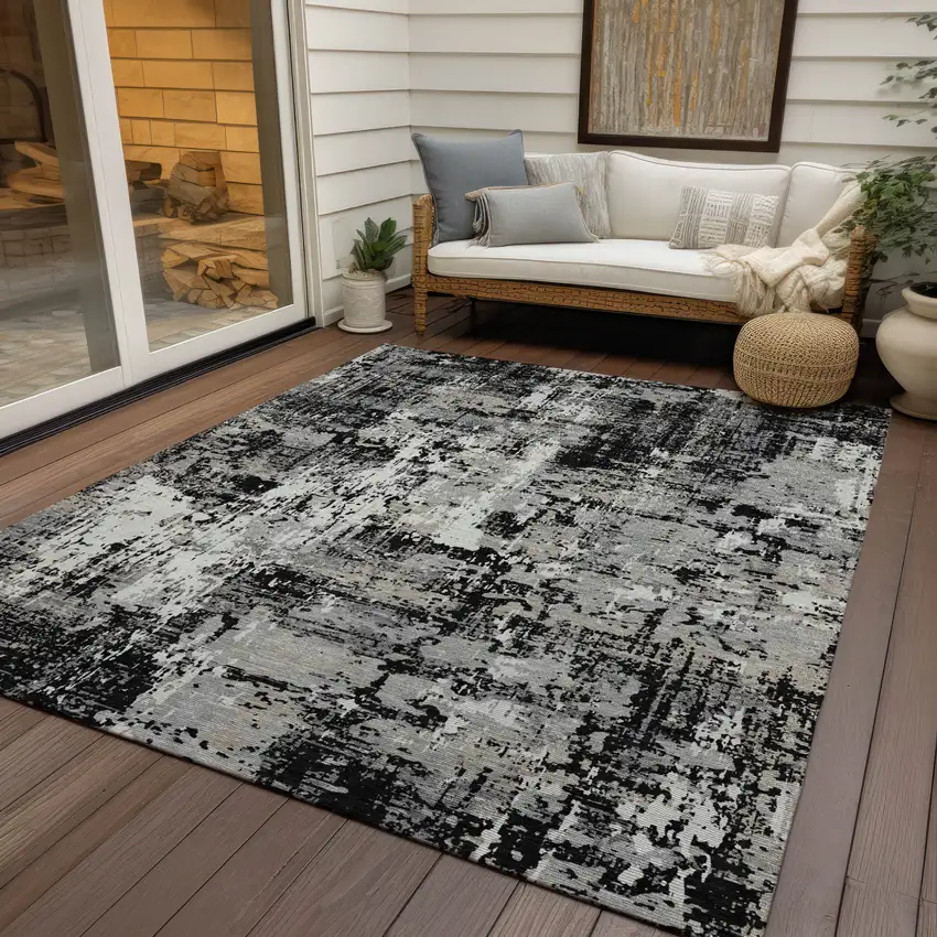 Black And Gray Abstract Washable Indoor Outdoor Area Rug Photo 7