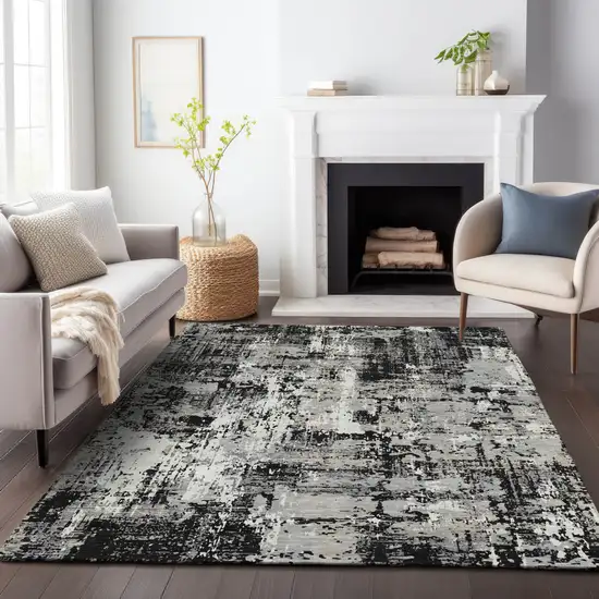 Black And Gray Abstract Washable Indoor Outdoor Area Rug Photo 8