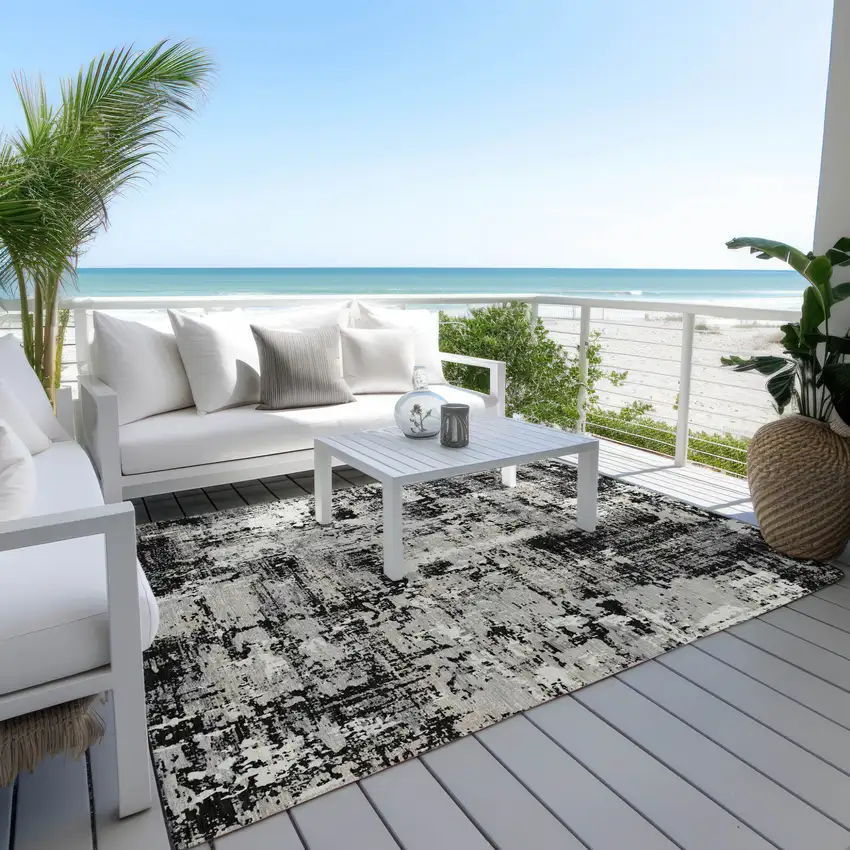 Black And Gray Abstract Washable Indoor Outdoor Area Rug Photo 9