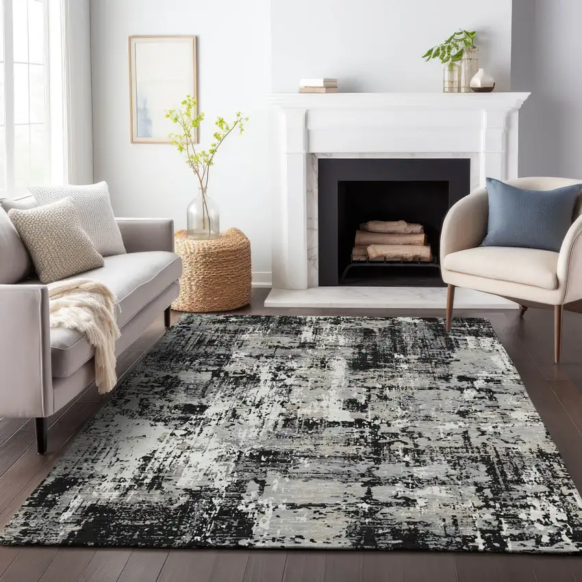Black And Gray Abstract Washable Indoor Outdoor Area Rug Photo 8