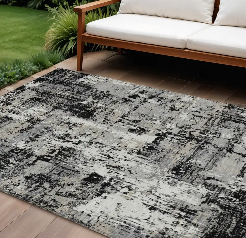 Black And Gray Abstract Washable Indoor Outdoor Area Rug Photo 1