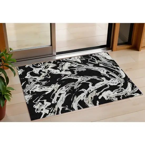 Black And Gray Abstract Washable Indoor Outdoor Area Rug Photo 1