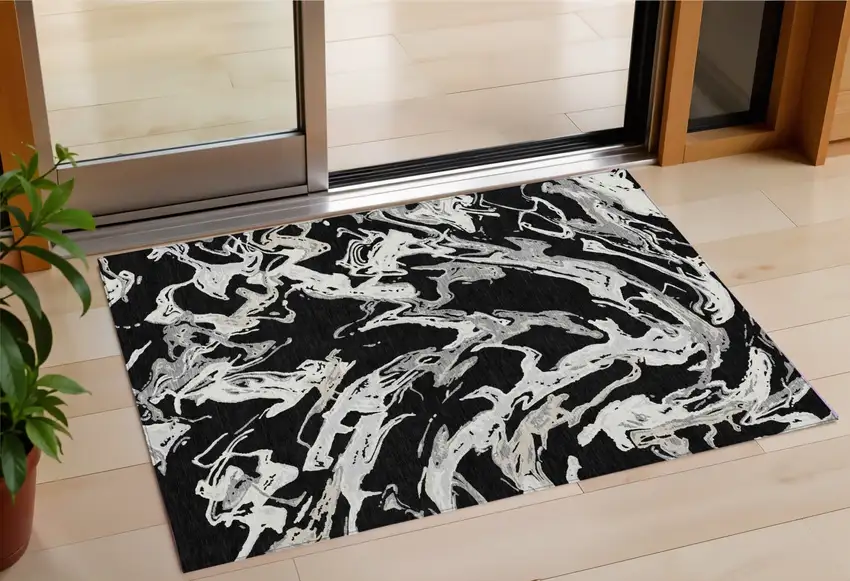 Black And Gray Abstract Washable Indoor Outdoor Area Rug Photo 1