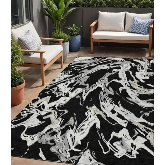 Black And Gray Abstract Washable Indoor Outdoor Area Rug Photo 1