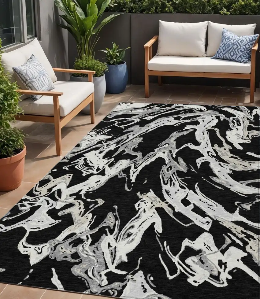 Black And Gray Abstract Washable Indoor Outdoor Area Rug Photo 1