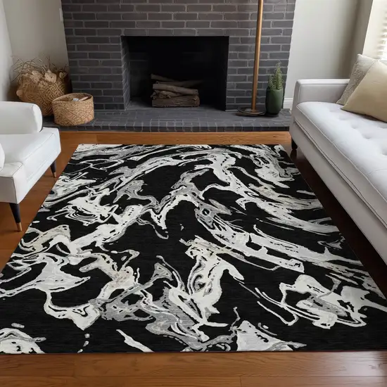 Black And Gray Abstract Washable Indoor Outdoor Area Rug Photo 9