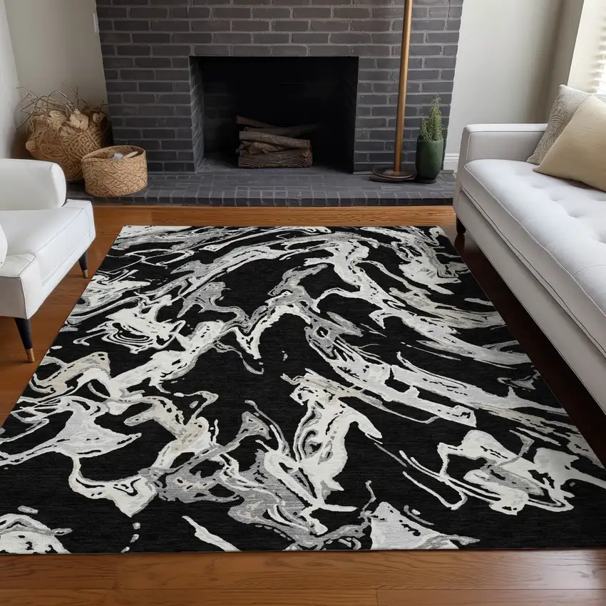 Black And Gray Abstract Washable Indoor Outdoor Area Rug Photo 9