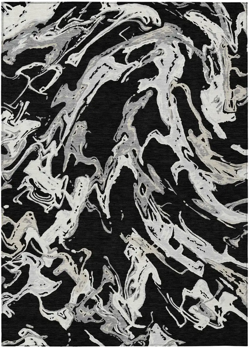 Black And Gray Abstract Washable Indoor Outdoor Area Rug Photo 2