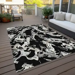 Photo of Black And Gray Abstract Washable Indoor Outdoor Area Rug