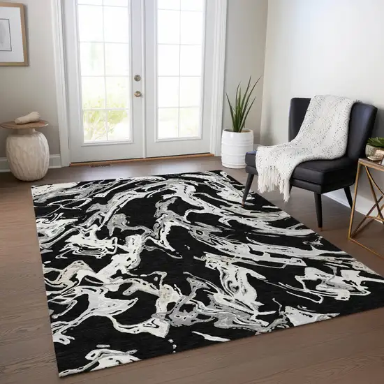 Black And Gray Abstract Washable Indoor Outdoor Area Rug Photo 9