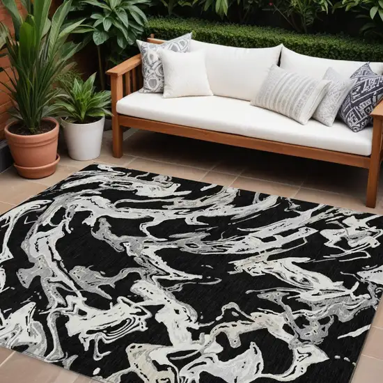 Black And Gray Abstract Washable Indoor Outdoor Area Rug Photo 1