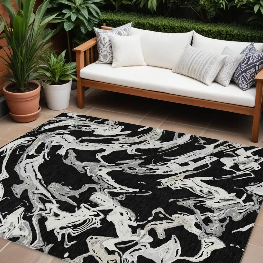 Black And Gray Abstract Washable Indoor Outdoor Area Rug Photo 1
