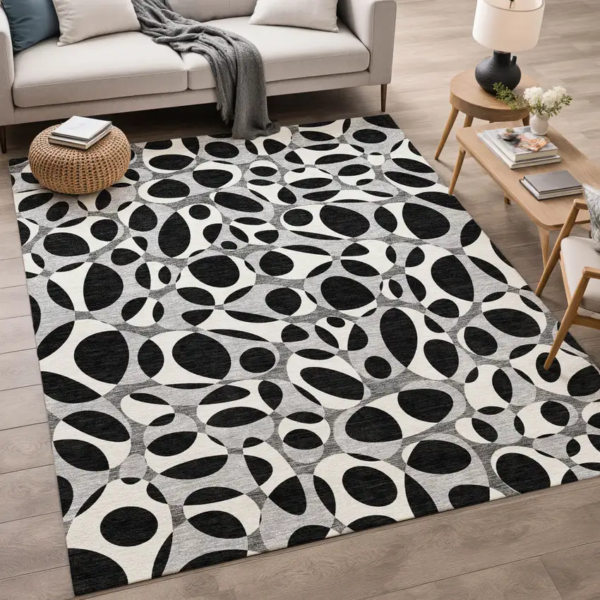 Black And Gray Abstract Washable Indoor Outdoor Area Rug Photo 5